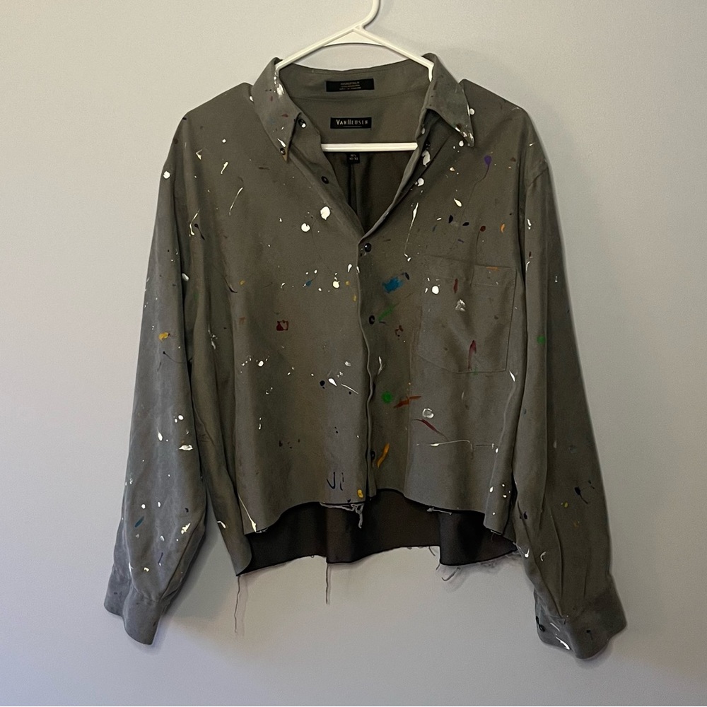 unique upcycled splatter paint cropped Van Heusen collared shirt unisex